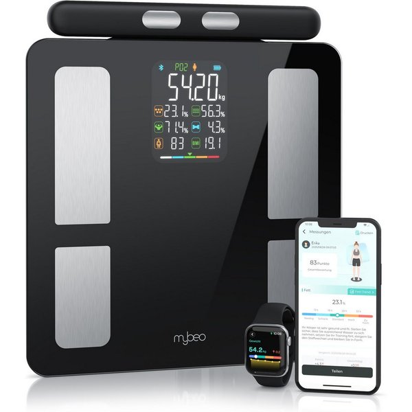 MyBeo Körper-Analyse-Waage Digitale Bluetooth Körperfettwaage, Handgriff-Messung & App-Steuerung, 1-tlg., Diagnosewaage, BMI, Körperfett, Wasser & Muskelanteil,