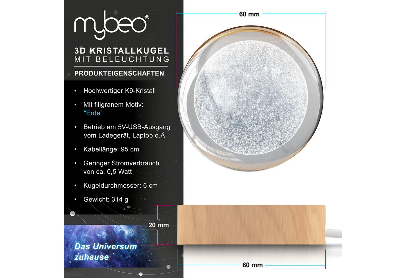 MyBeo LED Dekolicht 3D Glaskugel, Leuchtende Kristallkugel mit Gravur, Nachtlicht Skulptur, Farbwechsel, mit LED, USB-Anschluss, Nachtlichtfunktion, LED fest ve – Bild 2 von 5