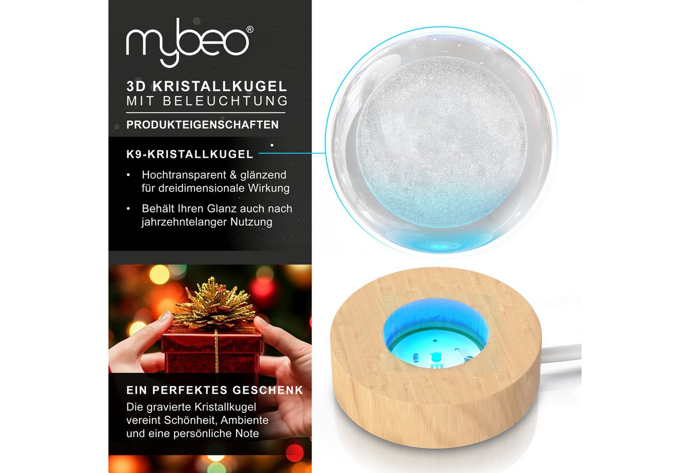 MyBeo LED Dekolicht 3D Glaskugel, Leuchtende Kristallkugel mit Gravur, Nachtlicht Skulptur, Farbwechsel, mit LED, USB-Anschluss, Nachtlichtfunktion, LED fest ve – Bild 3 von 5