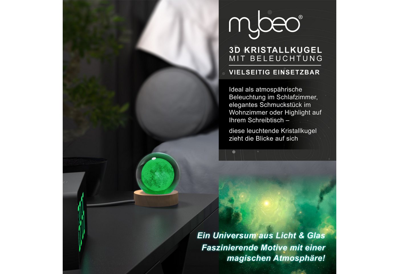 MyBeo LED Dekolicht 3D Glaskugel, Leuchtende Kristallkugel mit Gravur, Nachtlicht Skulptur, Farbwechsel, mit LED, USB-Anschluss, Nachtlichtfunktion, LED fest ve – Bild 4 von 5