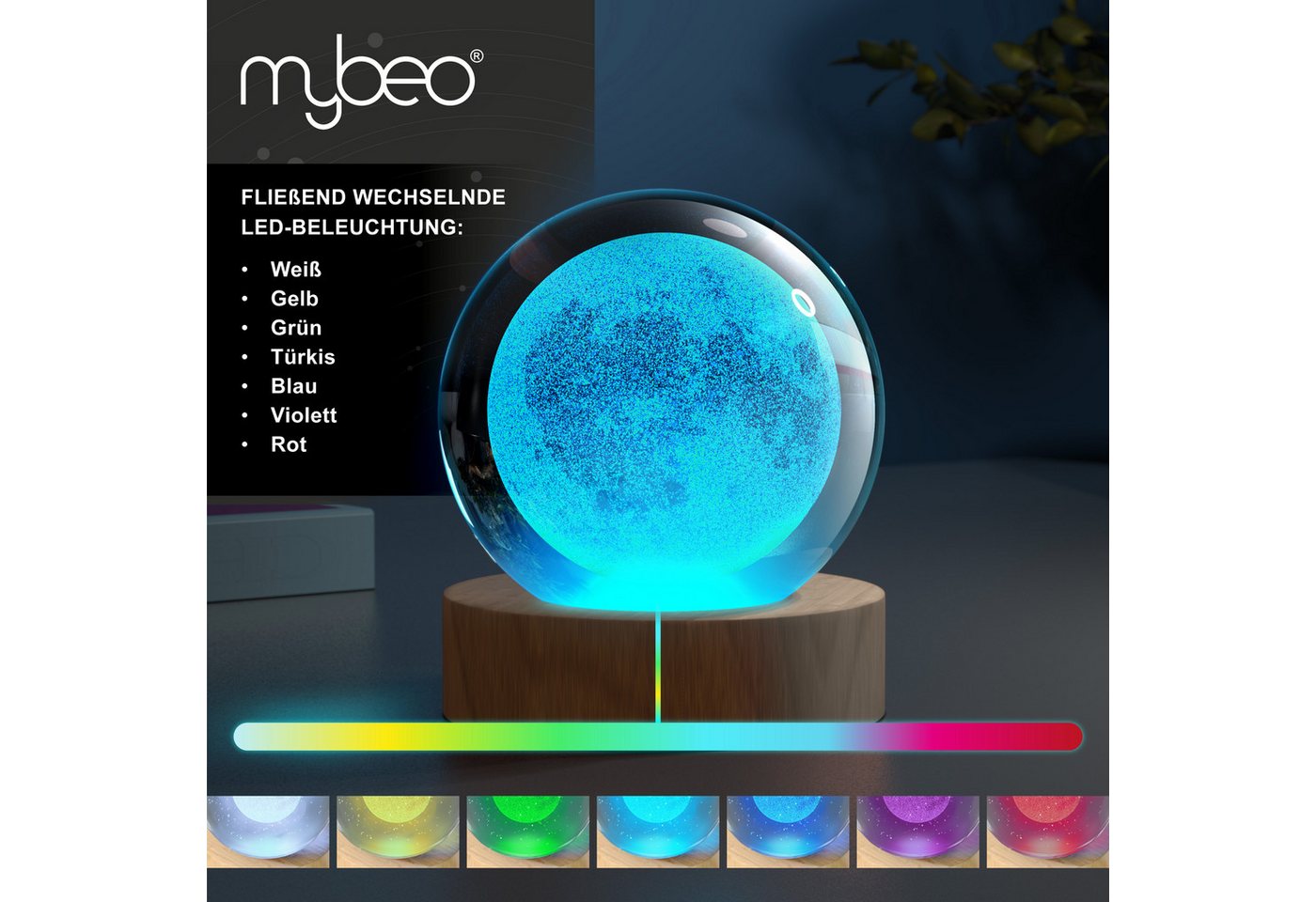 MyBeo LED Dekolicht 3D Glaskugel, Leuchtende Kristallkugel mit Gravur, Nachtlicht Skulptur, Farbwechsel, mit LED, USB-Anschluss, Nachtlichtfunktion, LED fest ve – Bild 5 von 5