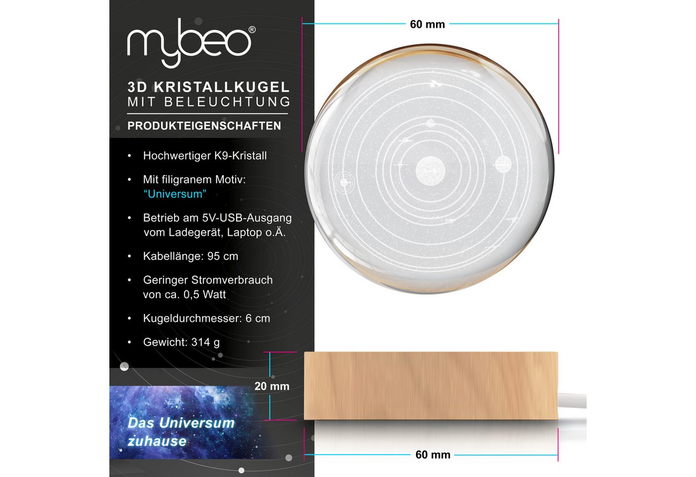MyBeo LED Dekolicht 3D Glaskugel, Leuchtende Kristallkugel mit Gravur, Nachtlicht Skulptur, Farbwechsel, mit LED, USB-Anschluss, Nachtlichtfunktion, LED fest ve – Bild 2 von 5