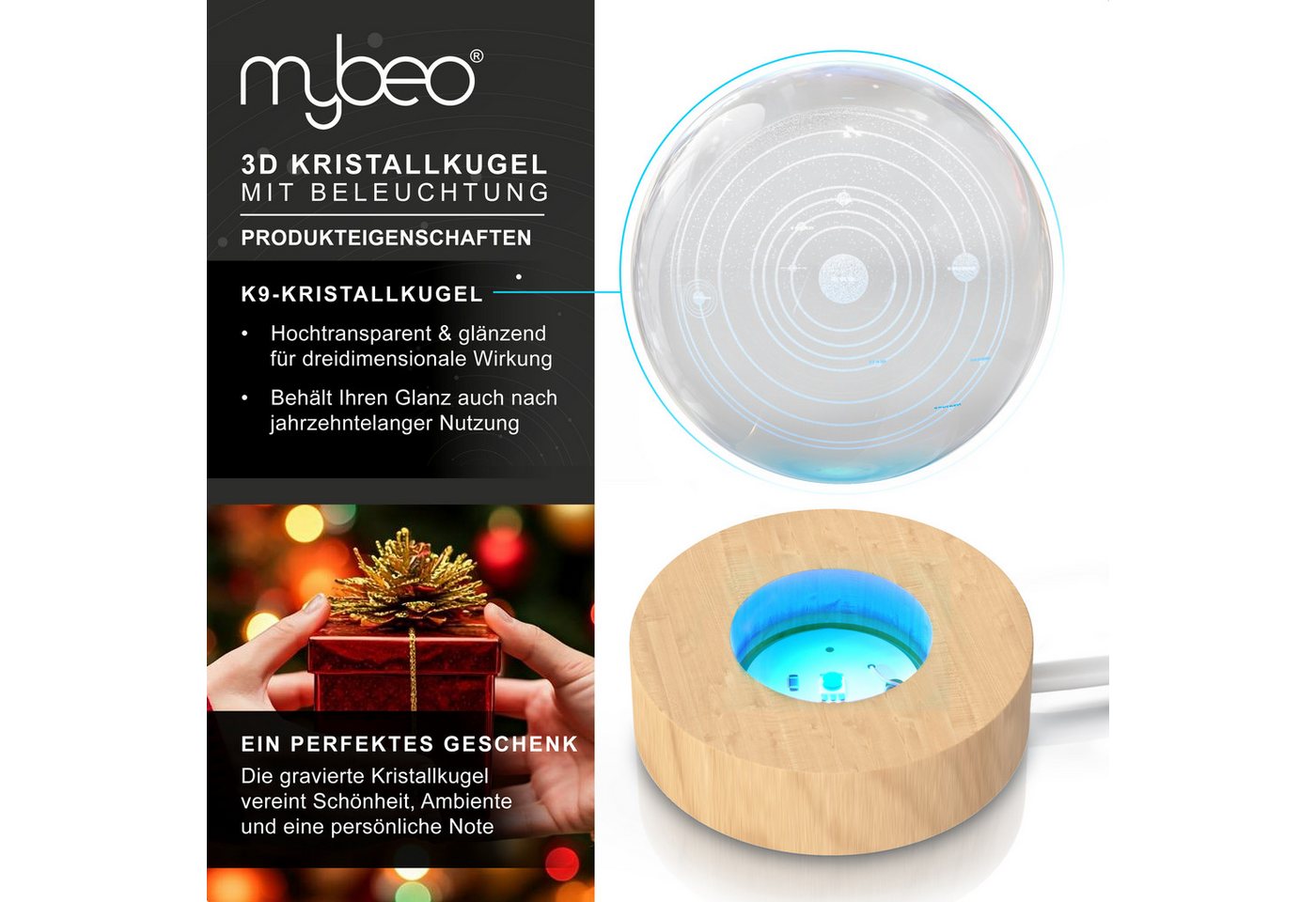 MyBeo LED Dekolicht 3D Glaskugel, Leuchtende Kristallkugel mit Gravur, Nachtlicht Skulptur, Farbwechsel, mit LED, USB-Anschluss, Nachtlichtfunktion, LED fest ve – Bild 3 von 5