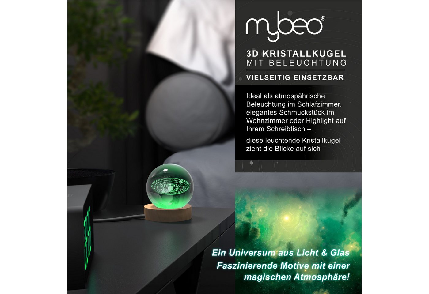 MyBeo LED Dekolicht 3D Glaskugel, Leuchtende Kristallkugel mit Gravur, Nachtlicht Skulptur, Farbwechsel, mit LED, USB-Anschluss, Nachtlichtfunktion, LED fest ve – Bild 4 von 5