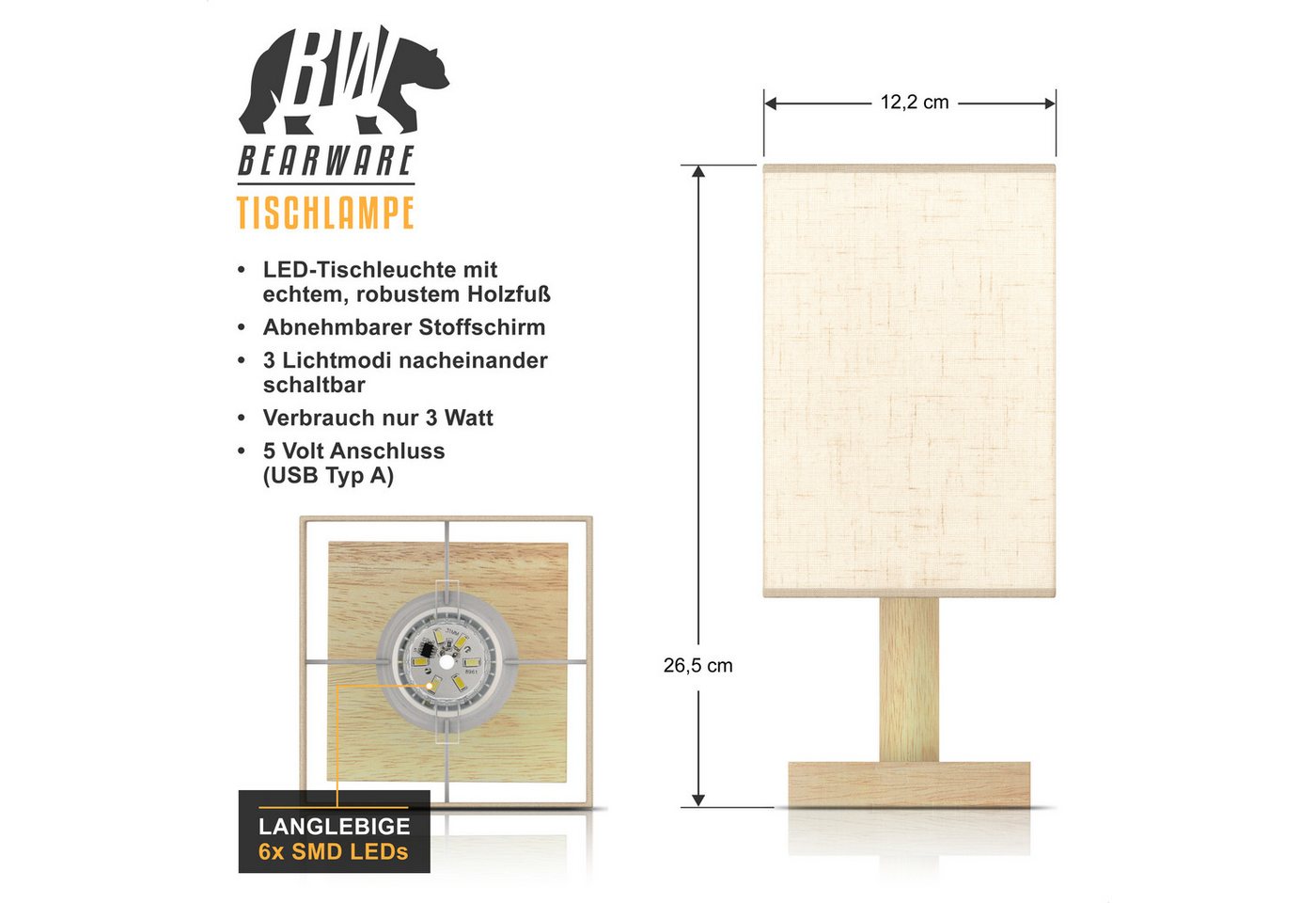 MyBeo LED Nachttischlampe mit Stoffschirm, eckig, Nachtlicht, energieeffizient, Nachtlichtfunktion, LED fest verbaut, Neutralweiß, Kaltweiß, Warmweiß, 3 Lichtmo – Bild 2 von 5