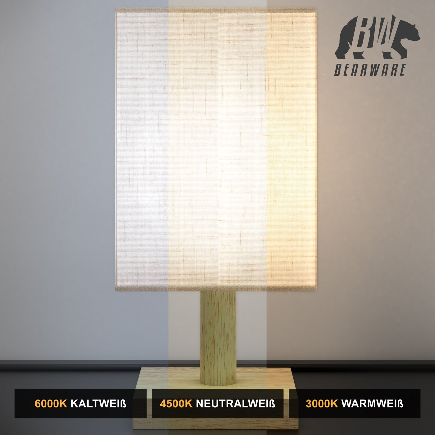 MyBeo LED Nachttischlampe mit Stoffschirm, eckig, Nachtlicht, energieeffizient, Nachtlichtfunktion, LED fest verbaut, Neutralweiß, Kaltweiß, Warmweiß, 3 Lichtmo – Bild 4 von 5
