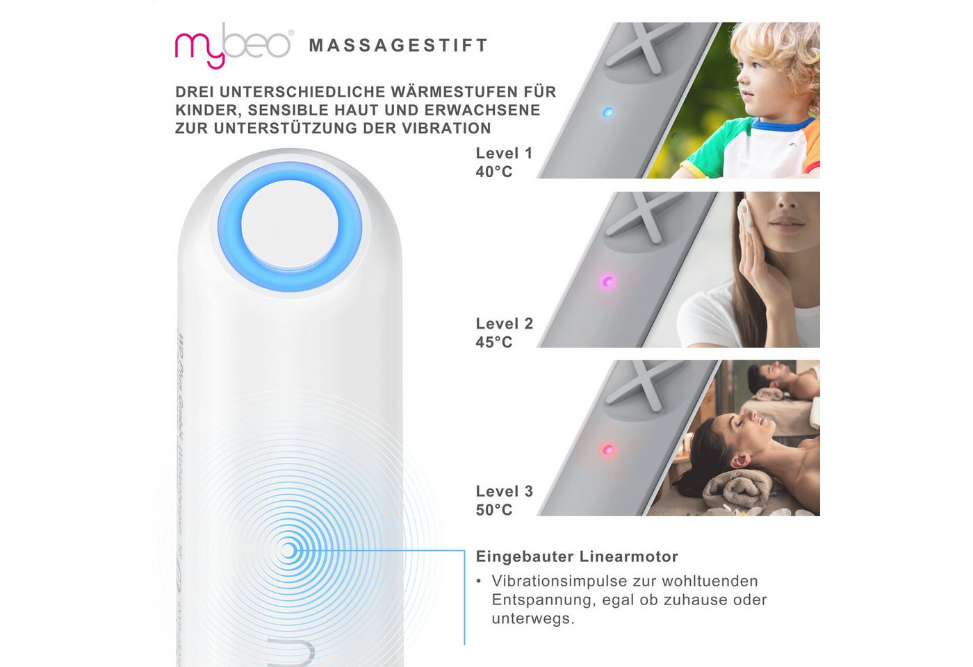 MyBeo Massagegerät Massagestift Vibrationsstift, Vibration und Wärmeeffekt, elektrisch, 1-tlg., Steigerung des Wohlbefindens von Hautbereichen – Bild 3 von 5