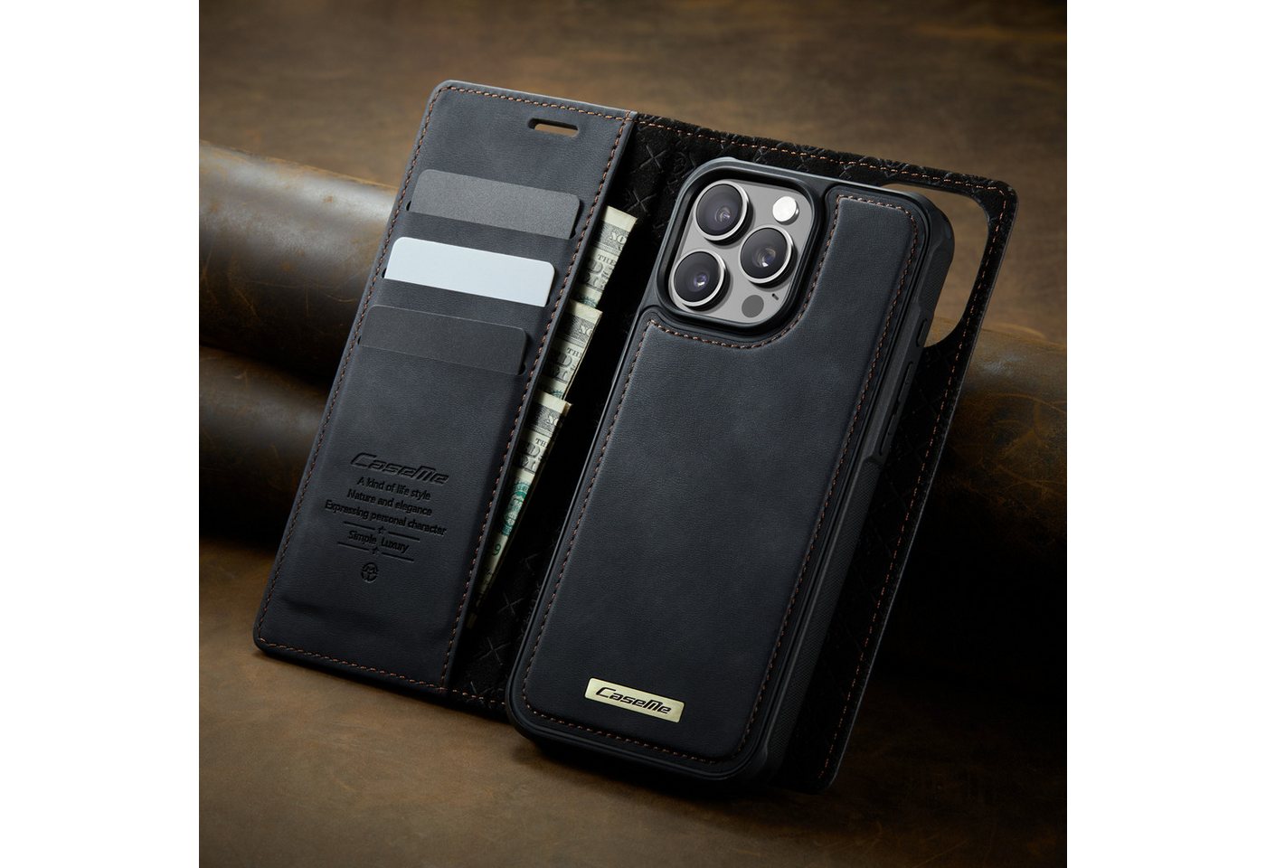 Mycotech Handyhülle Premium 2in1 Klapphülle mit abnehmbarem Magnet Case MagSafe Für iPhone 15 Pro, Schwarz – Bild 4 von 5