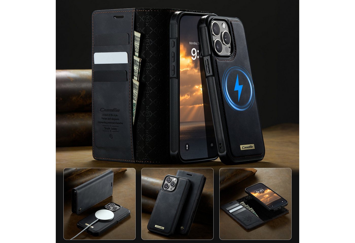 Mycotech Handyhülle Premium 2in1 Klapphülle mit abnehmbarem Magnet Case MagSafe Für iPhone 15 Pro, Schwarz – Bild 5 von 5