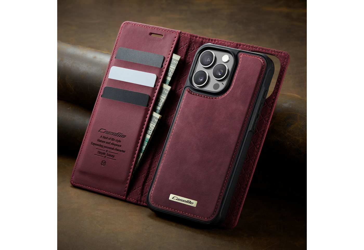 Mycotech Handyhülle Premium 2in1 Klapphülle mit abnehmbarem Magnet Case MagSafe Für iPhone 15 Pro, Weinrot – Bild 4 von 5