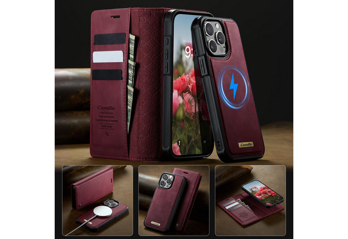 Mycotech Handyhülle Premium 2in1 Klapphülle mit abnehmbarem Magnet Case MagSafe Für iPhone 15 Pro, Weinrot – Bild 5 von 5