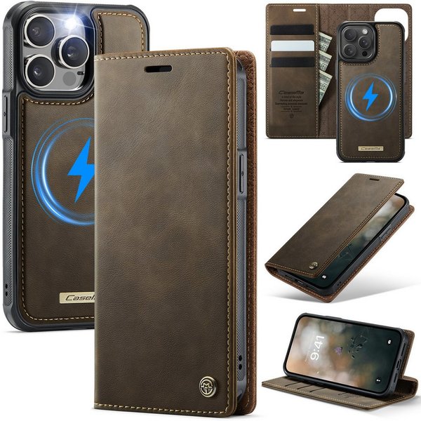 Mycotech Handyhülle Premium 2in1 Klapphülle mit abnehmbarem Magnet Case MagSafe Für iPhone 15 Pro, Braun