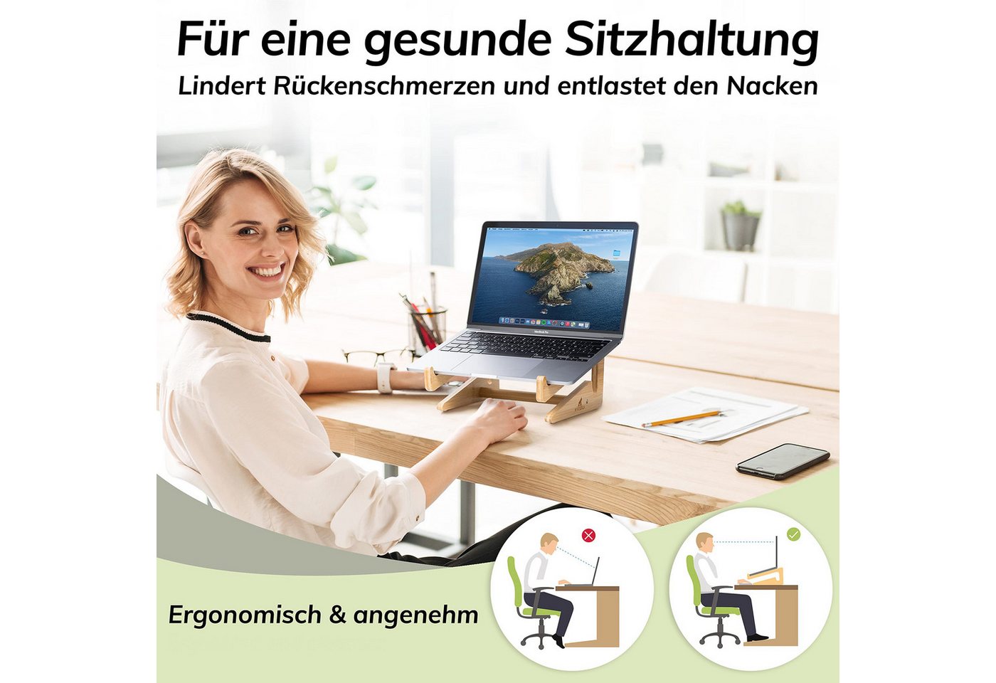 MyFatGorilla Laptop-Ständer aus Bambus, Notebook Ständer für 10-15 Zoll, Schreibtisch Zubehör, (bis 15 Zoll, MacBook Stand, Laptop Halter Holz, Laptop Erhöhung, – Bild 2 von 5