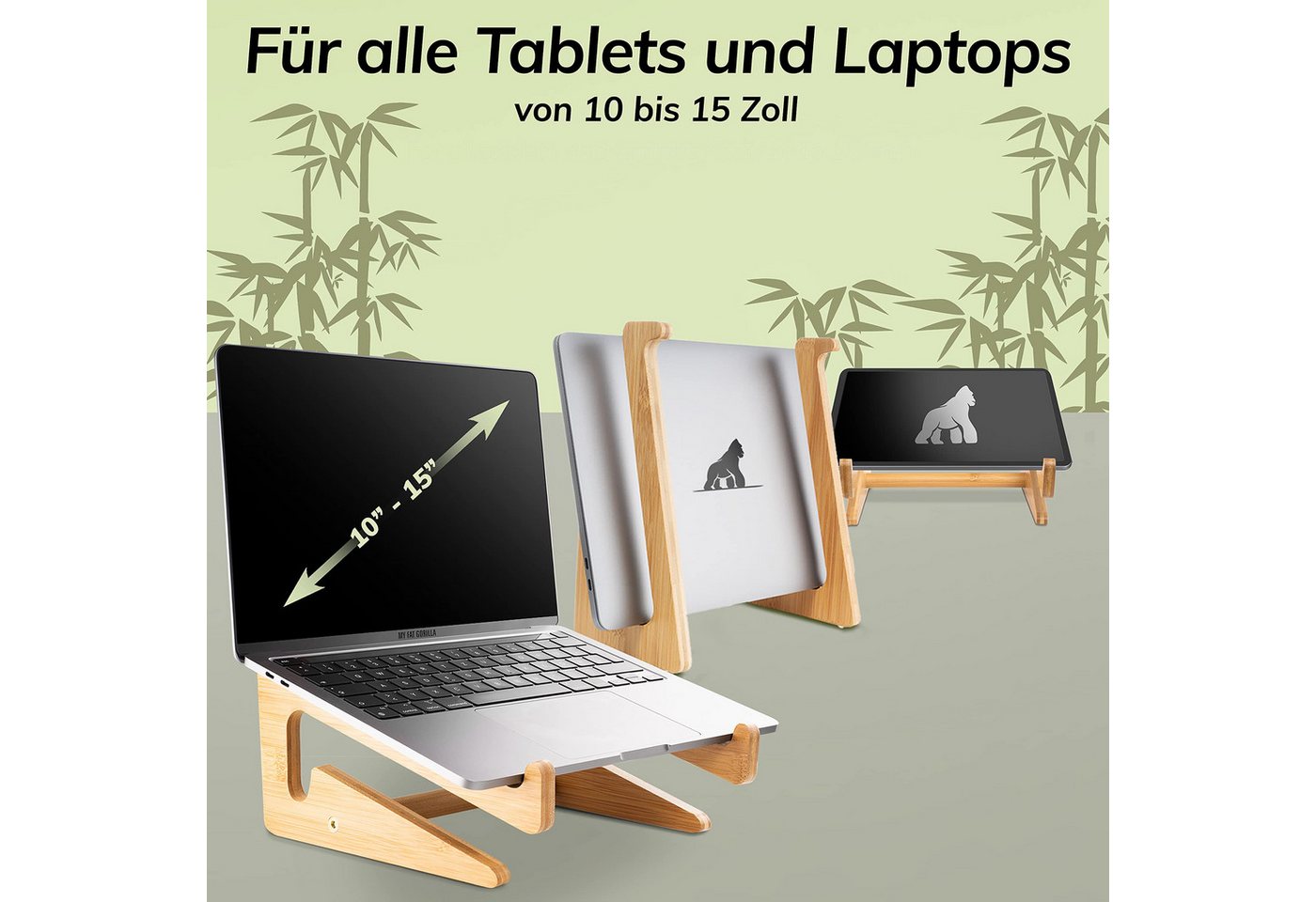 MyFatGorilla Laptop-Ständer aus Bambus, Notebook Ständer für 10-15 Zoll, Schreibtisch Zubehör, (bis 15 Zoll, MacBook Stand, Laptop Halter Holz, Laptop Erhöhung, – Bild 3 von 5