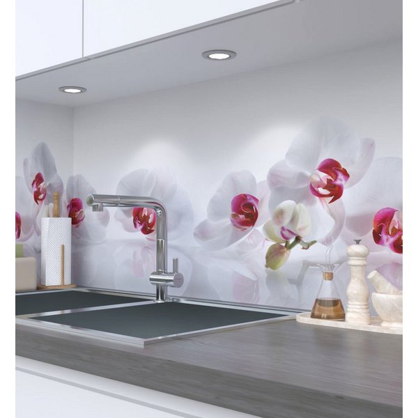 MyMaxxi Küchenrückwand Küchenrückwand selbstklebend Orchidee Weiß Spritzschutz Folie, (Klebefolie passend geschnitten und gerollt B 340 cm x H 60 cm), Orchidee 