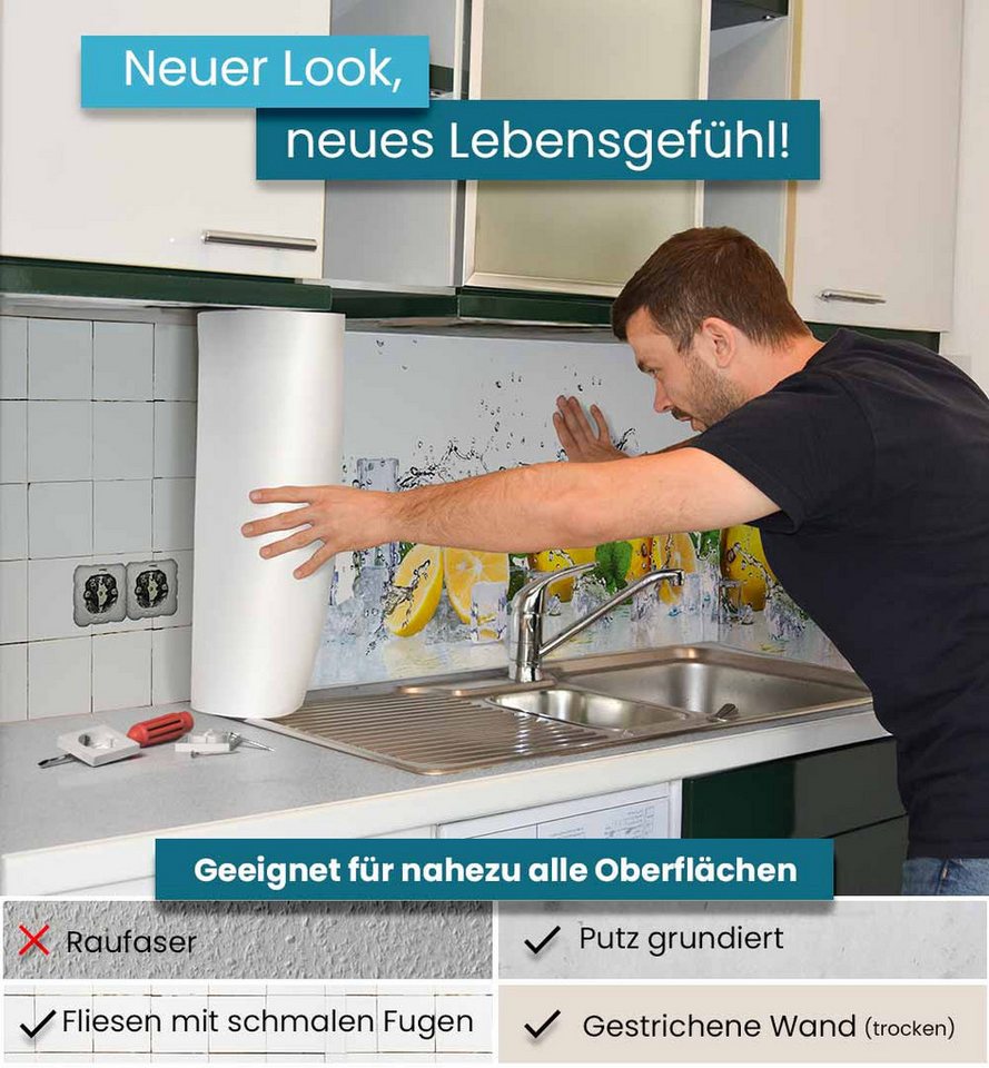 MyMaxxi Küchenrückwand Küchenrückwand selbstklebend Zitrone Spritzschutz Folie, (Klebefolie Küchenrückwand aufgerollt B 120 cm x H 60 cm), Yellow - White B 120  – Bild 5 von 5