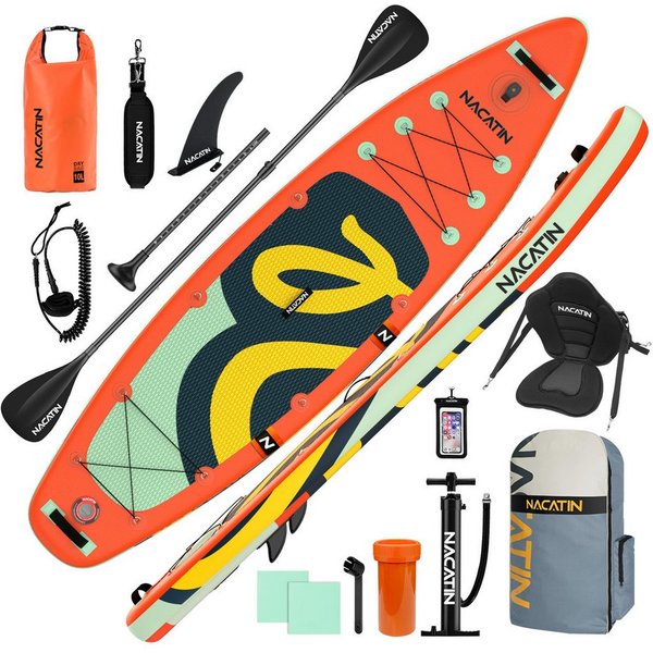 NACATIN Inflatable SUP-Board Aufblasbares SUP Board 10'6", Allround-Board, 200 kg Tragkraft, Inflatable SUP Board, mit Kajaksitz, Zubehör, Paddel, Pumpe, 10L Ta