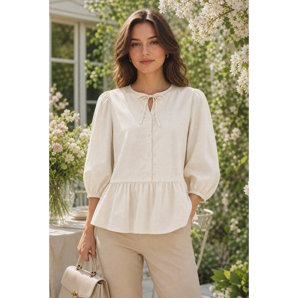 NADINE H Blusenshirt Baumwoll-Bluse mit Puffärmeln Kragenband im Frühlingsstyle