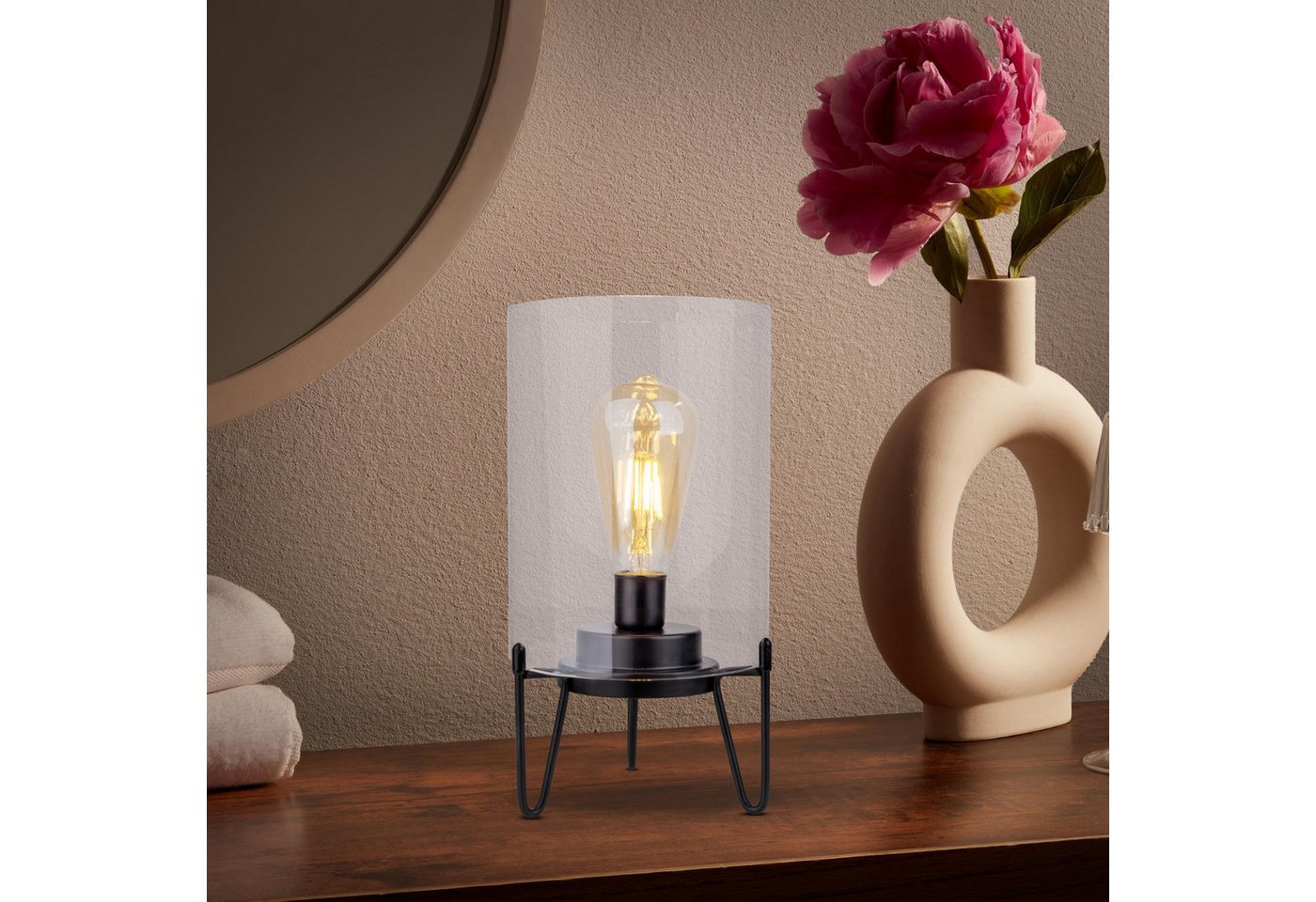 näve LED Außen-Tischleuchte Lonna, Ein-/Ausschalter, Timerfunktion, LED fest integriert, Warmweiß, Glasschirm klar, batteriebetrieben, Timer, Gestell schwarz, H – Bild 2 von 5