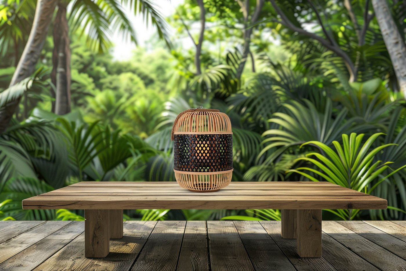 näve LED Dekolicht Korbinian, Tageslichtsensor, LED fest integriert, Warmweiß, Rattankorb natur/schwarz mit Griff inkl. Solarkerze mit Flammeneffekt – Bild 2 von 5