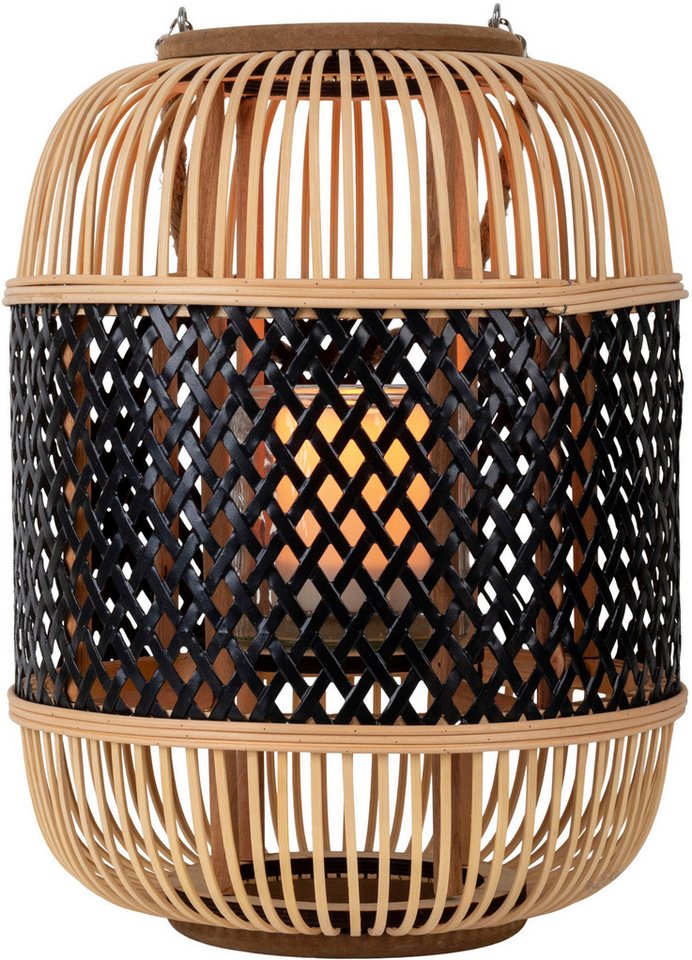 näve LED Dekolicht Korbinian, Tageslichtsensor, LED fest integriert, Warmweiß, Rattankorb natur/schwarz mit Griff inkl. Solarkerze mit Flammeneffekt – Bild 3 von 5