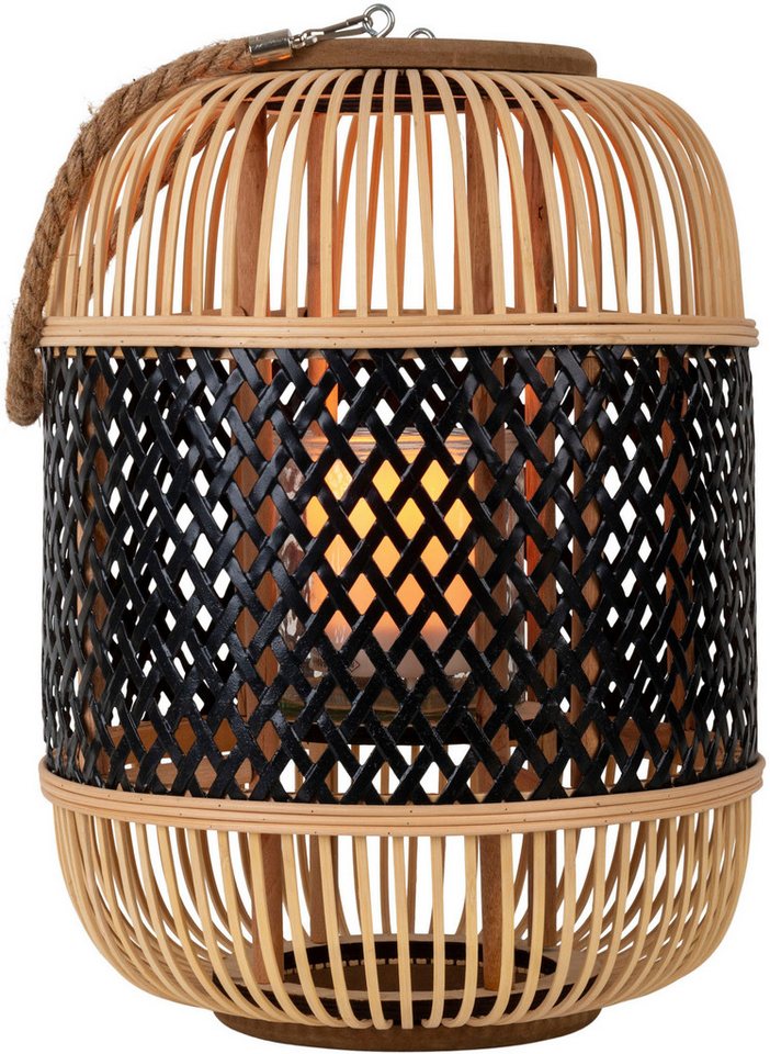 näve LED Dekolicht Korbinian, Tageslichtsensor, LED fest integriert, Warmweiß, Rattankorb natur/schwarz mit Griff inkl. Solarkerze mit Flammeneffekt – Bild 5 von 5