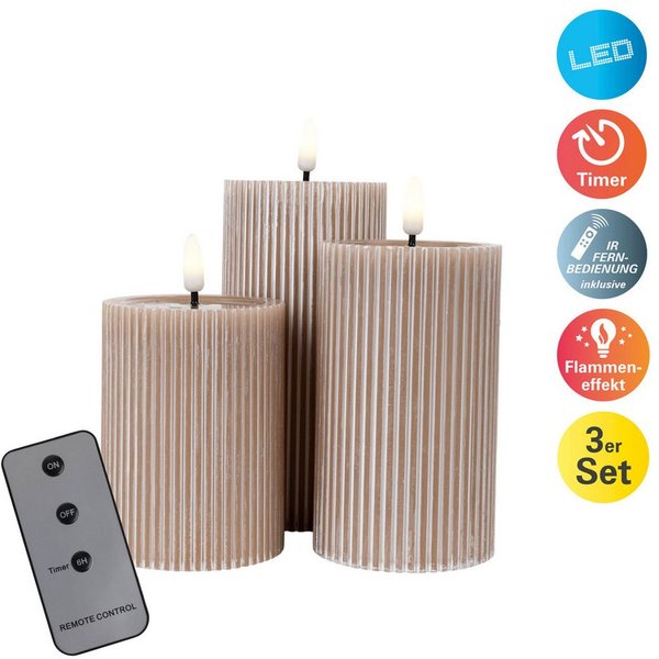 näve LED Dekolicht Nuria, Timerfunktion, LED fest integriert, Warmweiß, 3er-Set LED Kerzen warmweiß, Echtwachs, Timer, Flammeneffekt
