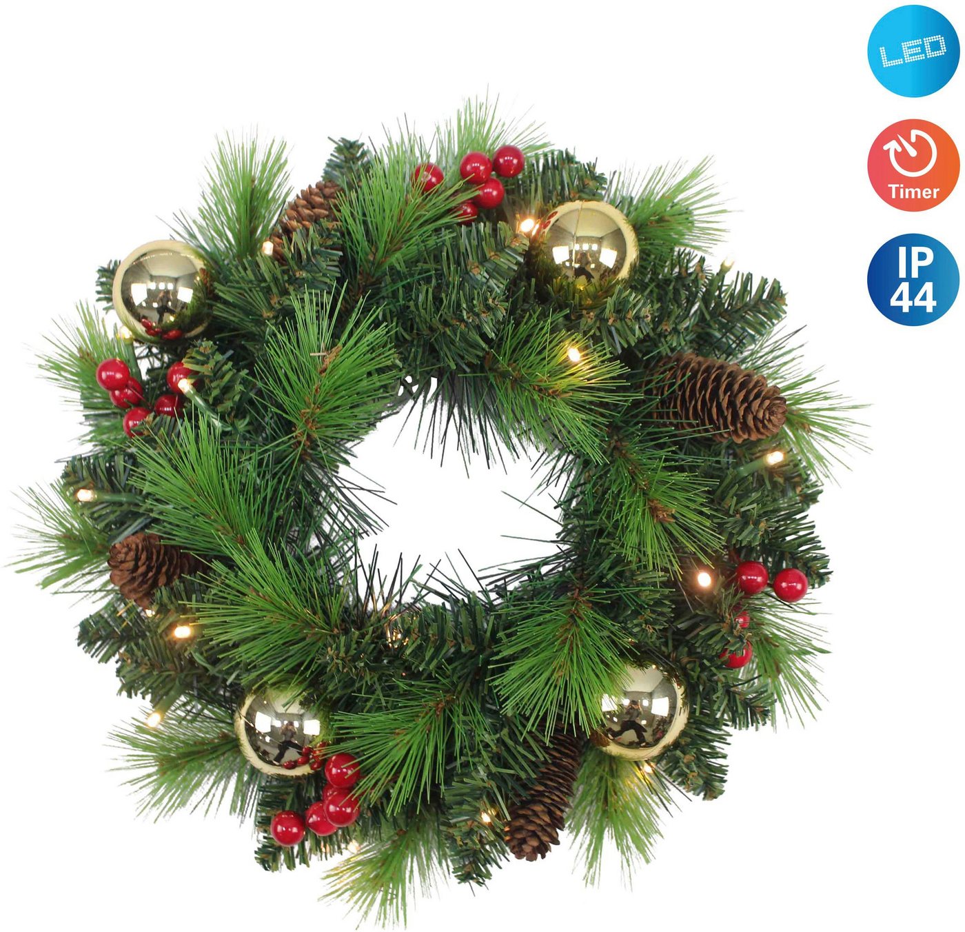 näve LED Dekoobjekt Dekokranz Noel, Weihnachtsdeko, Türkranz mit Kugeln, Zapfen und Beeren, Warmweiß, LED-Weihnachtskranz mit Timer, Ø ca. 35 cm – Bild 2 von 5