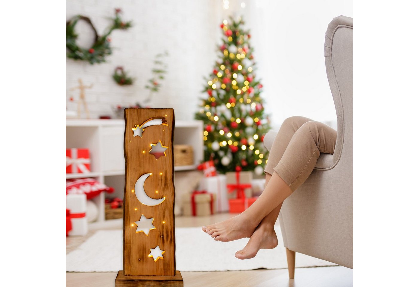 näve LED Dekoobjekt Light Moon/Stars, Ein-/Ausschalter, LED fest integriert, Warmweiß, Für Aussenbereich geeignet, incl. Timer (6h an und 18h aus), aus Holz – Bild 3 von 4