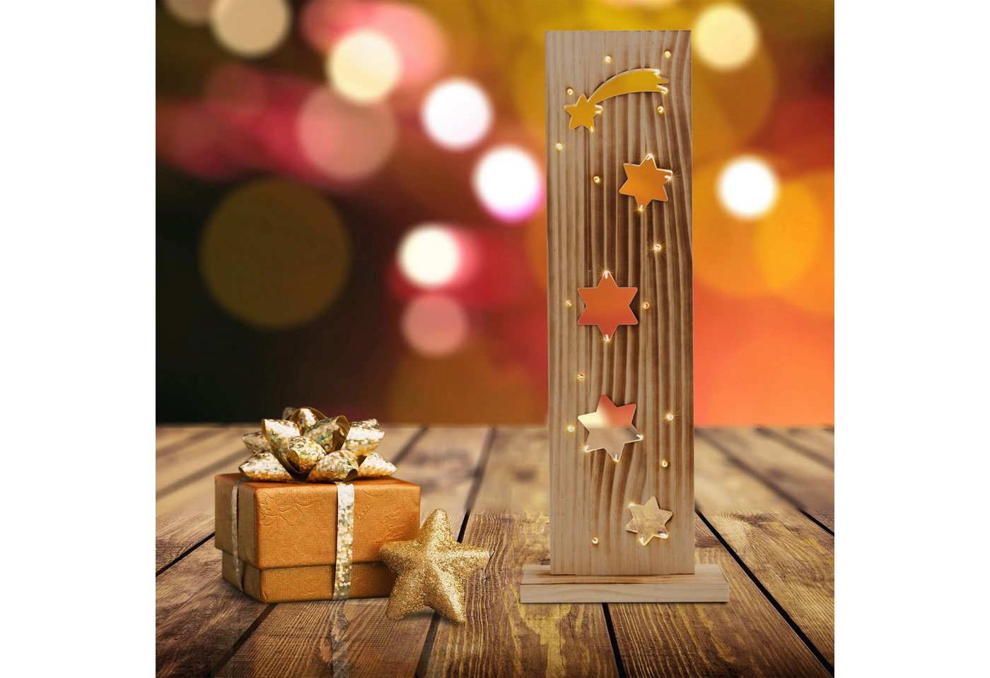 näve LED Dekoobjekt Sterne, Weihnachtsdeko aus Holz, Timerfunktion, LED fest integriert, Warmweiß, Holz-Stehleuchte, Höhe ca. 60 cm, Batteriebetrieben – Bild 2 von 5