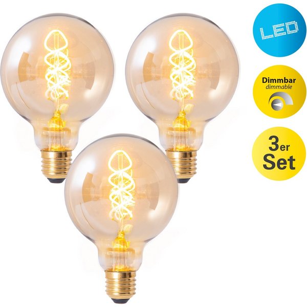 näve LED-Leuchtmittel Dilly, E27, 3 St., Warmweiß, Retro Ø 9,5cm Filament, 3er Set, 4W LED, dimmbar, 1800 Kelvin