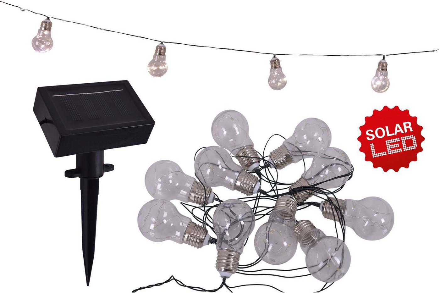 näve LED-Lichterkette Glühbirne, 10-flammig, Solar, 10 Glühbirnen klar, warmweiß, inkl. Solarpanel, Länge 300cm – Bild 4 von 5
