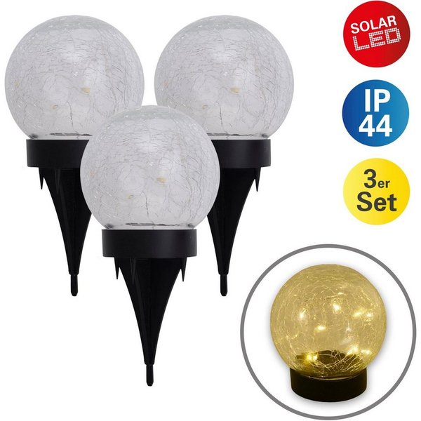 näve LED Solarleuchte Crackle, LED fest integriert, Warmweiß, 3er Set, klar/schwarz, als Tischleuchte oder Erdspieß