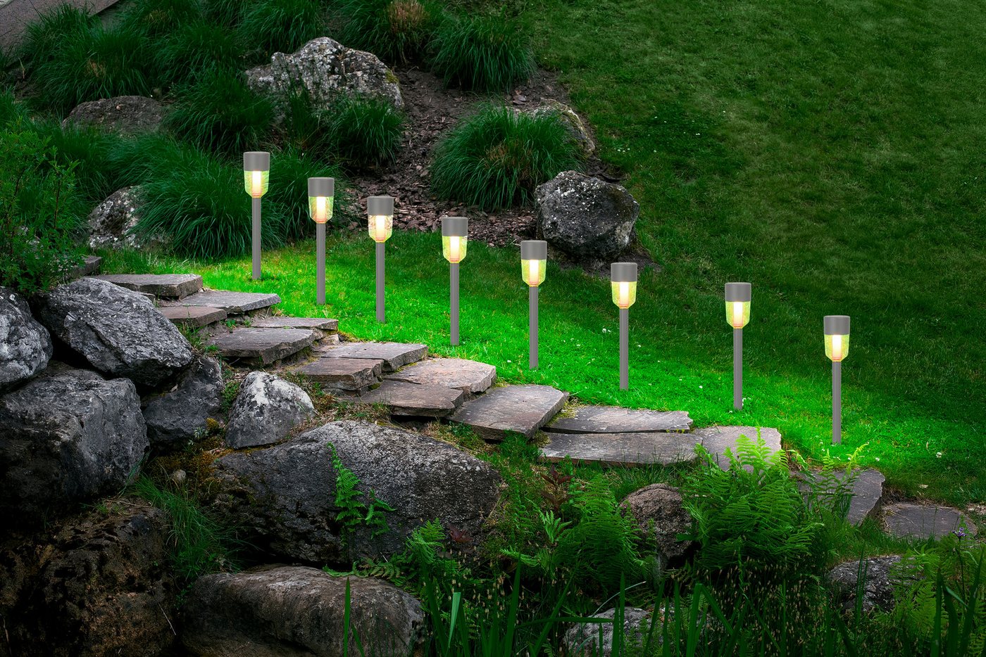 näve LED Solarleuchte Doha, LED fest integriert, Warmweiß, 8er-Set Dekoerdspieß, je H: 35,5cm, grau, LED warmweiß, Leuchtdauer 8h – Bild 2 von 5