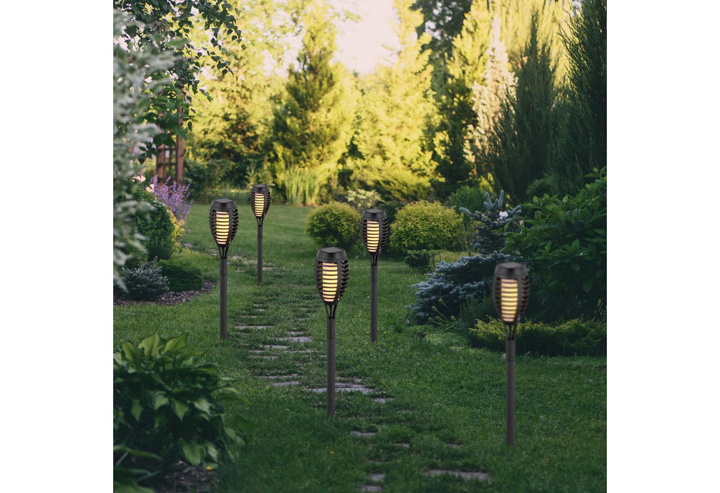 näve LED Solarleuchte Fanilo, Tageslichtsensor, LED fest integriert, Warmweiß, 5er Set Fackeln, Flammeneffekt, schwarz, LED warmweiß, H: 45cm, D: 6cm – Bild 2 von 5