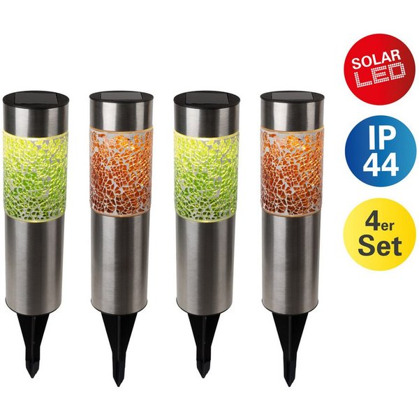näve LED Solarleuchte Havanna, LED fest integriert, Warmweiß, 4er-Set Dekoerdspieß grau, Glaseinsatz 2x grün, 2x orange, H: 33,5 cm