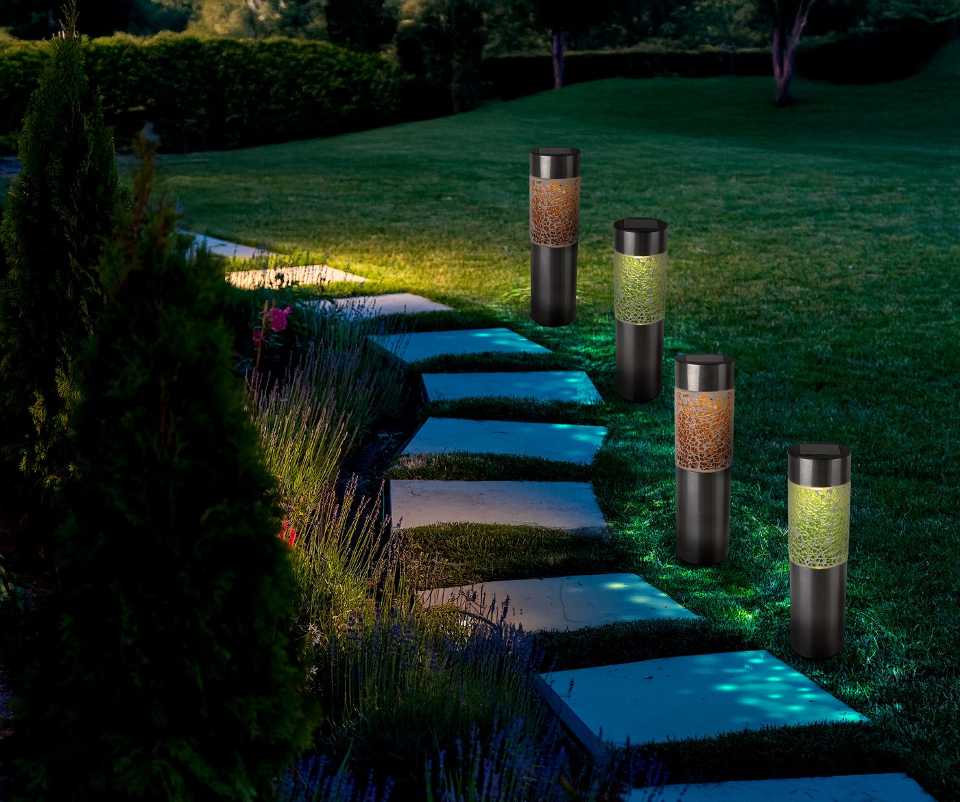 näve LED Solarleuchte Havanna, LED fest integriert, Warmweiß, 4er-Set Dekoerdspieß grau, Glaseinsatz 2x grün, 2x orange, H: 33,5 cm – Bild 2 von 5