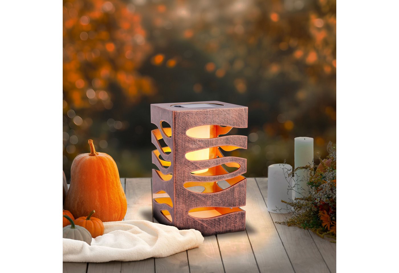 näve LED Solarleuchte Hilda, Tageslichtsensor, LED fest integriert, Warmweiß, quadratisch, gold/braune Marmoroptik, Flammeneffekt, Dämmerungssensor – Bild 2 von 5