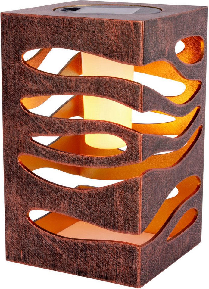 näve LED Solarleuchte Hilda, Tageslichtsensor, LED fest integriert, Warmweiß, quadratisch, gold/braune Marmoroptik, Flammeneffekt, Dämmerungssensor – Bild 4 von 5