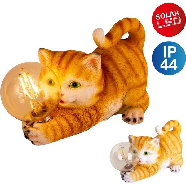 näve LED Solarleuchte Katze, LED fest integriert, Warmweiß, süße gestreifte Katze mit beleuchteter Kugel und warmweißem Licht
