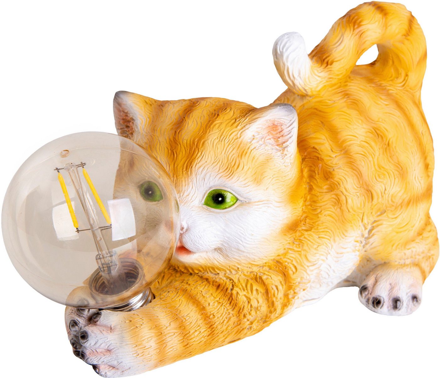 näve LED Solarleuchte Katze, LED fest integriert, Warmweiß, süße gestreifte Katze mit beleuchteter Kugel und warmweißem Licht – Bild 3 von 5