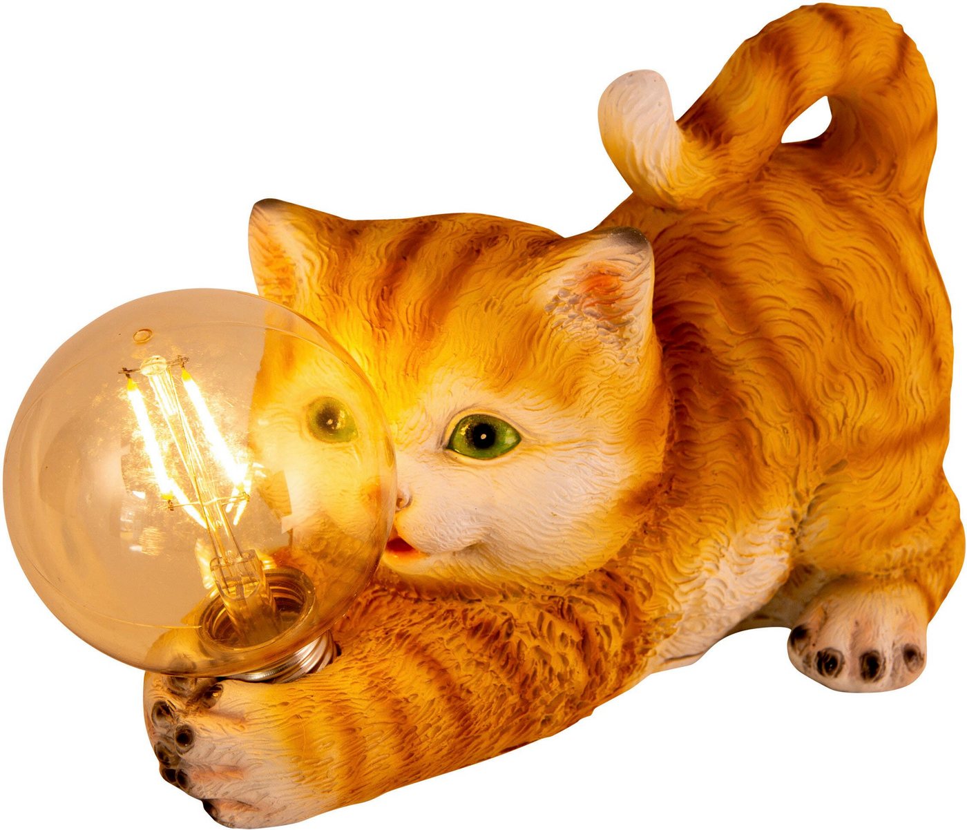 näve LED Solarleuchte Katze, LED fest integriert, Warmweiß, süße gestreifte Katze mit beleuchteter Kugel und warmweißem Licht – Bild 4 von 5