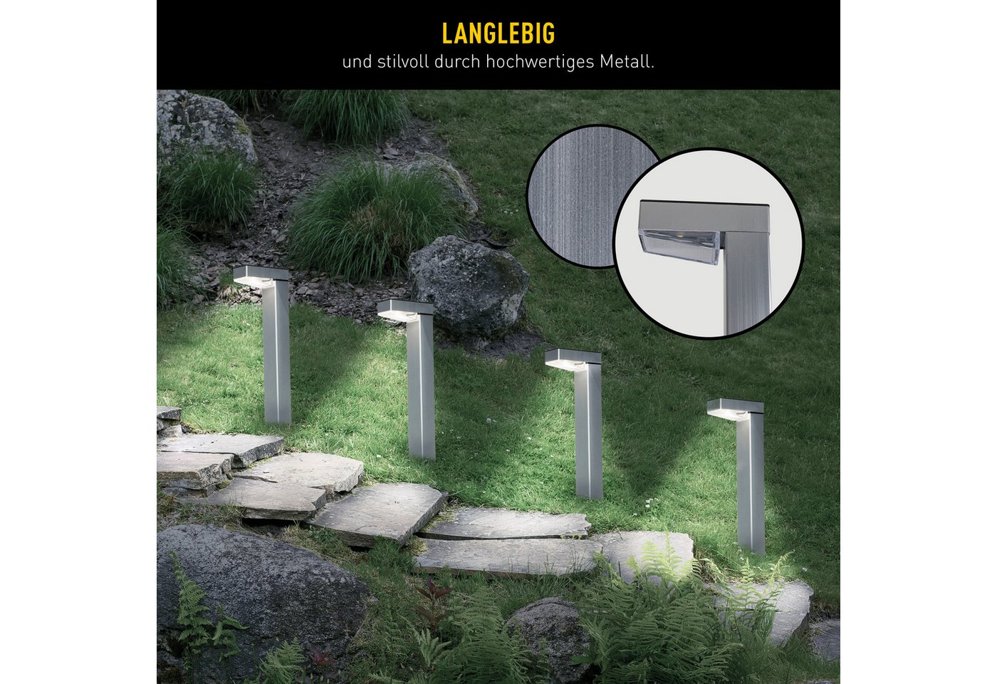 näve LED Solarleuchte Kyoto, LED fest integriert, Neutralweiß, 4er Set L-förmige Leuchten, je H: 42cm, LED neutralweiß, silberfarben – Bild 2 von 5