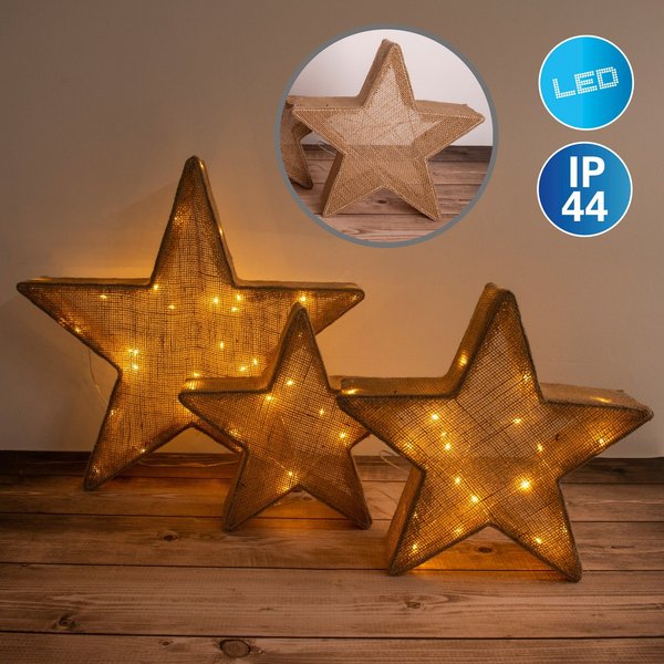 näve LED Stern Weihnachtsstern, 3er Set Deko-Weihnachtssterne, Weihnachtsdeko aussen, LED fest integriert, Warmweiß, Leuchtmittelabstand: ca. 10cm, Farbe: braun