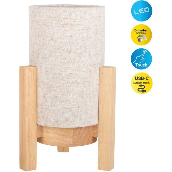 näve LED Tischleuchte Madita, Ein-/Ausschalter, LED wechselbar, Warmweiß, Akkubetrieb, inkl. USB-C-Kabel, Holzgestell, Textilschirm, dimmbar