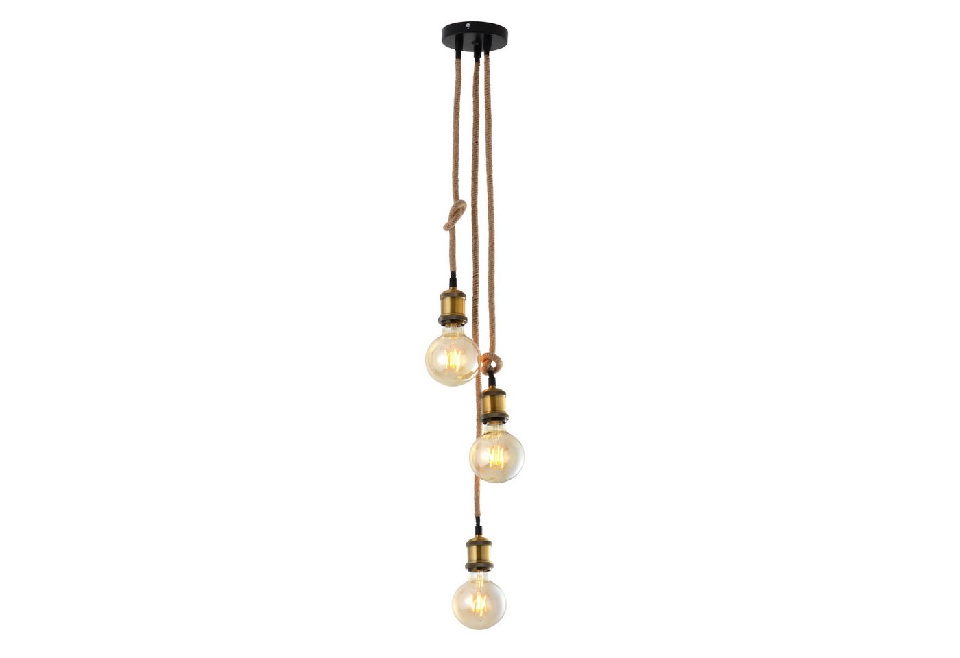 näve Pendelleuchte Ontario, ohne Leuchtmittel, Leuchtmittel wechselbar, 3er Metallbaldachin in altmessing/schwarz mit Hanfseil, E27, H: 85cm – Bild 3 von 5