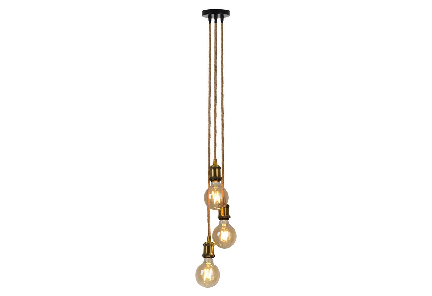 näve Pendelleuchte Ontario, ohne Leuchtmittel, Leuchtmittel wechselbar, 3er Metallbaldachin in altmessing/schwarz mit Hanfseil, E27, H: 85cm – Bild 4 von 5
