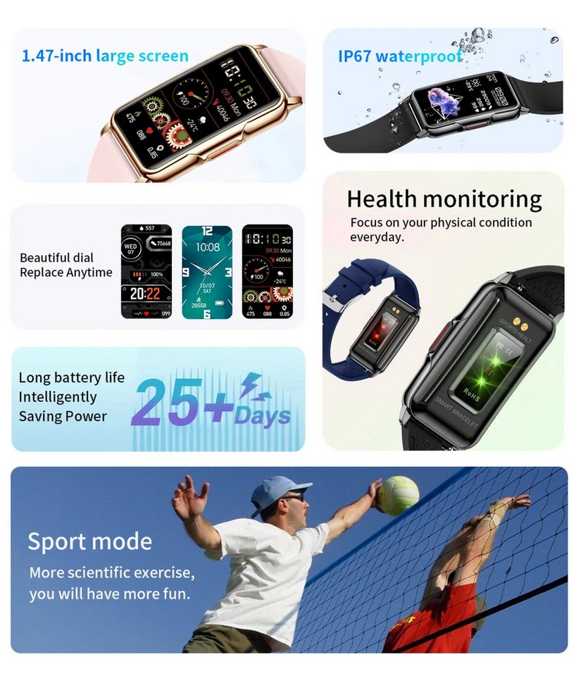 Nagham Ghazal Aswad Smartwatch 1,47 zoll Full Touch Herzfrequenz Sport Smart Armband Smartwatch – Bild 3 von 5