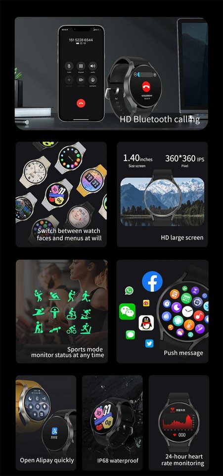 Nagham Ghazal Aswad Smartwatch Bluetooth-Anruf, AMOLED-Sprachanruf, NFC, GPS, Sport 2025 Smartwatch (4,4cm cm/1,39 Zoll) – Bild 3 von 5