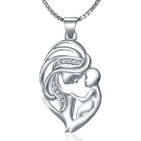 NAHLE Kette mit Anhänger Mutter Kind Silber Kette (inkl. Schmuckbox), 925 Silber Anhänger mit Zirkonia - rhodiniert